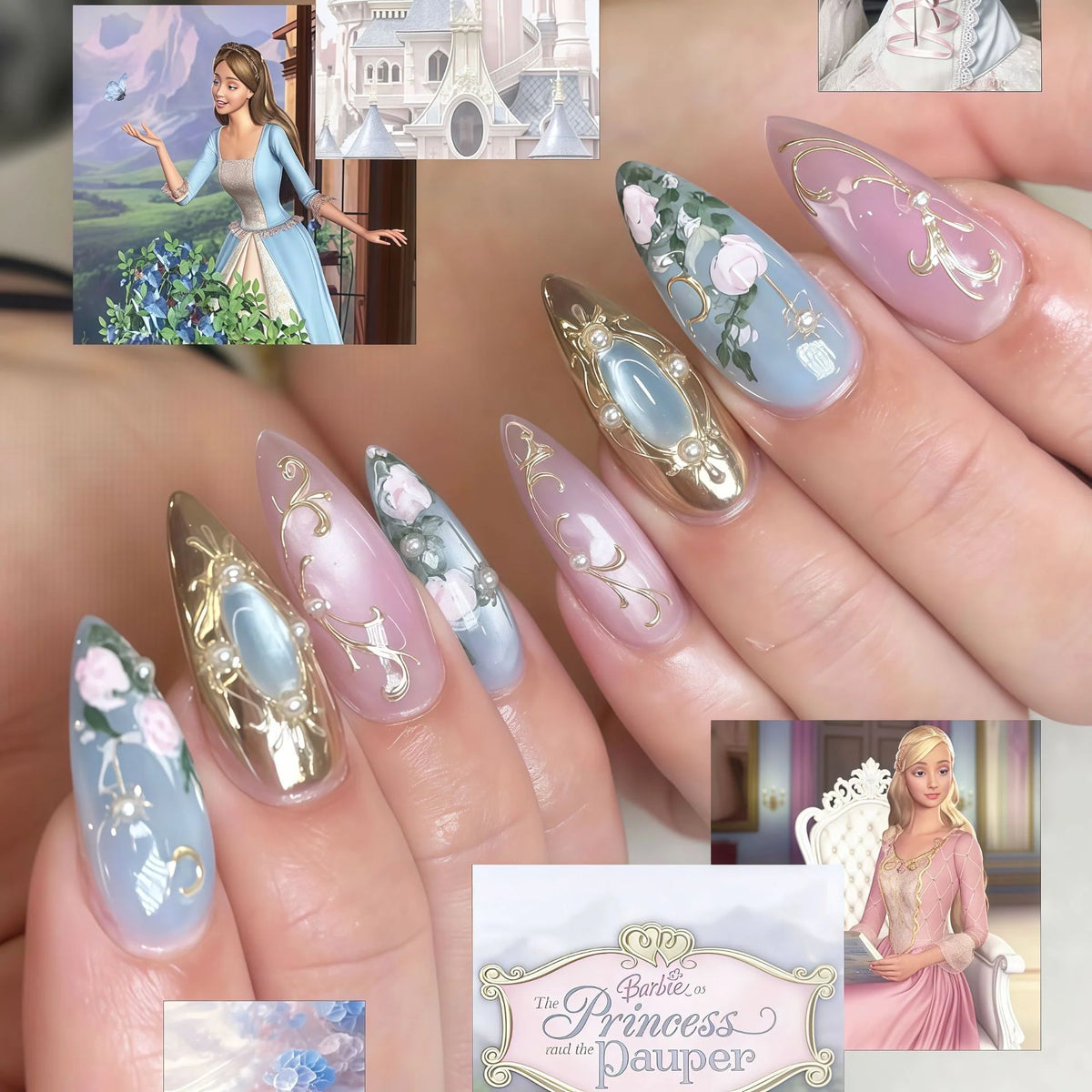 Press-On Nails Floral & Gold Accents No-Mess Adhesive