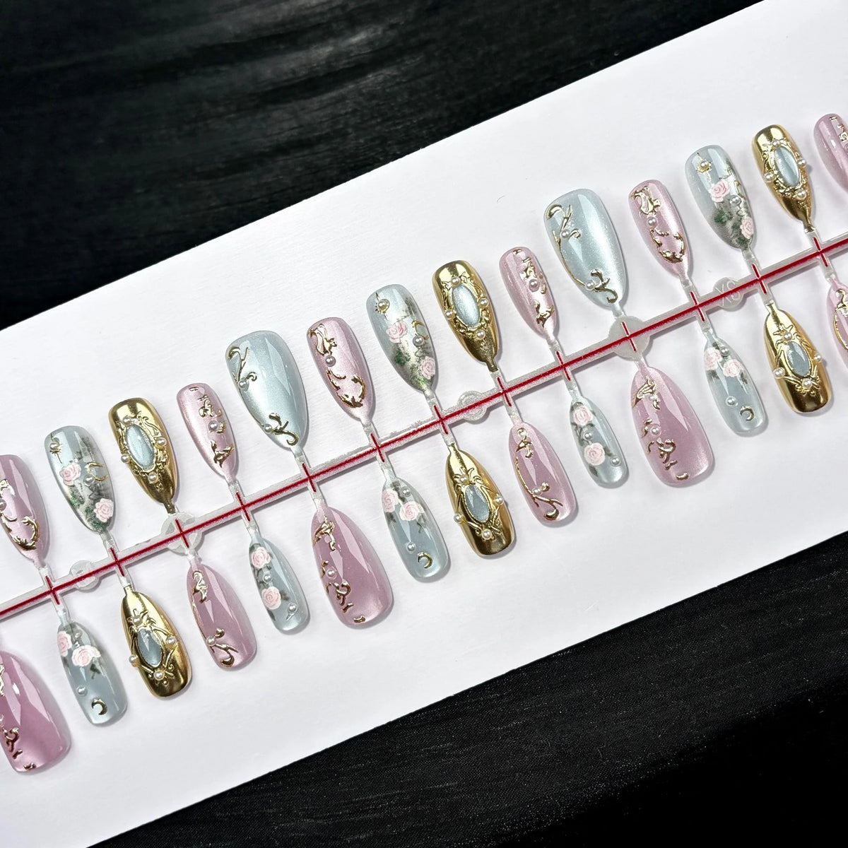 Press-On Nails Floral & Gold Accents No-Mess Adhesive