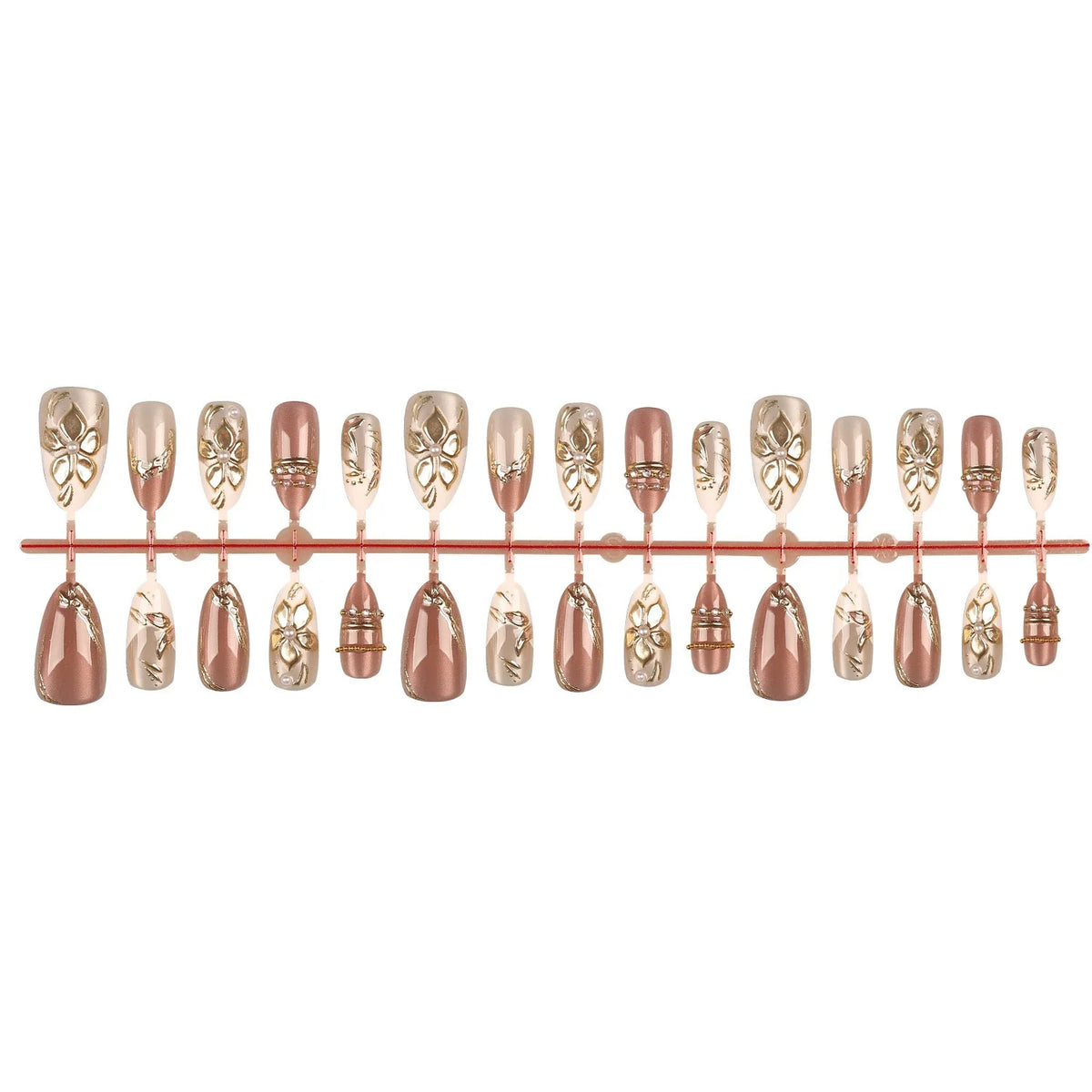 Press-On Nails Floral Gold Accents Set of 10