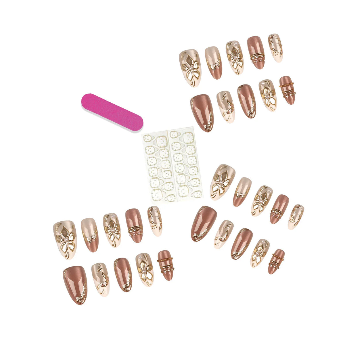 Press-On Nails Floral Gold Accents Set of 10