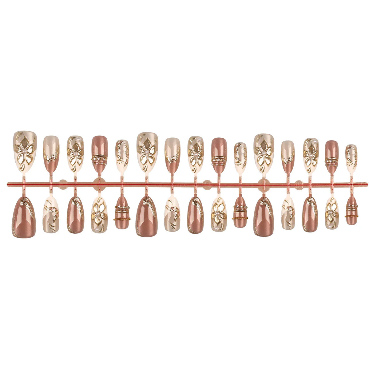Press-On Nails Floral Gold Accents Set of 10