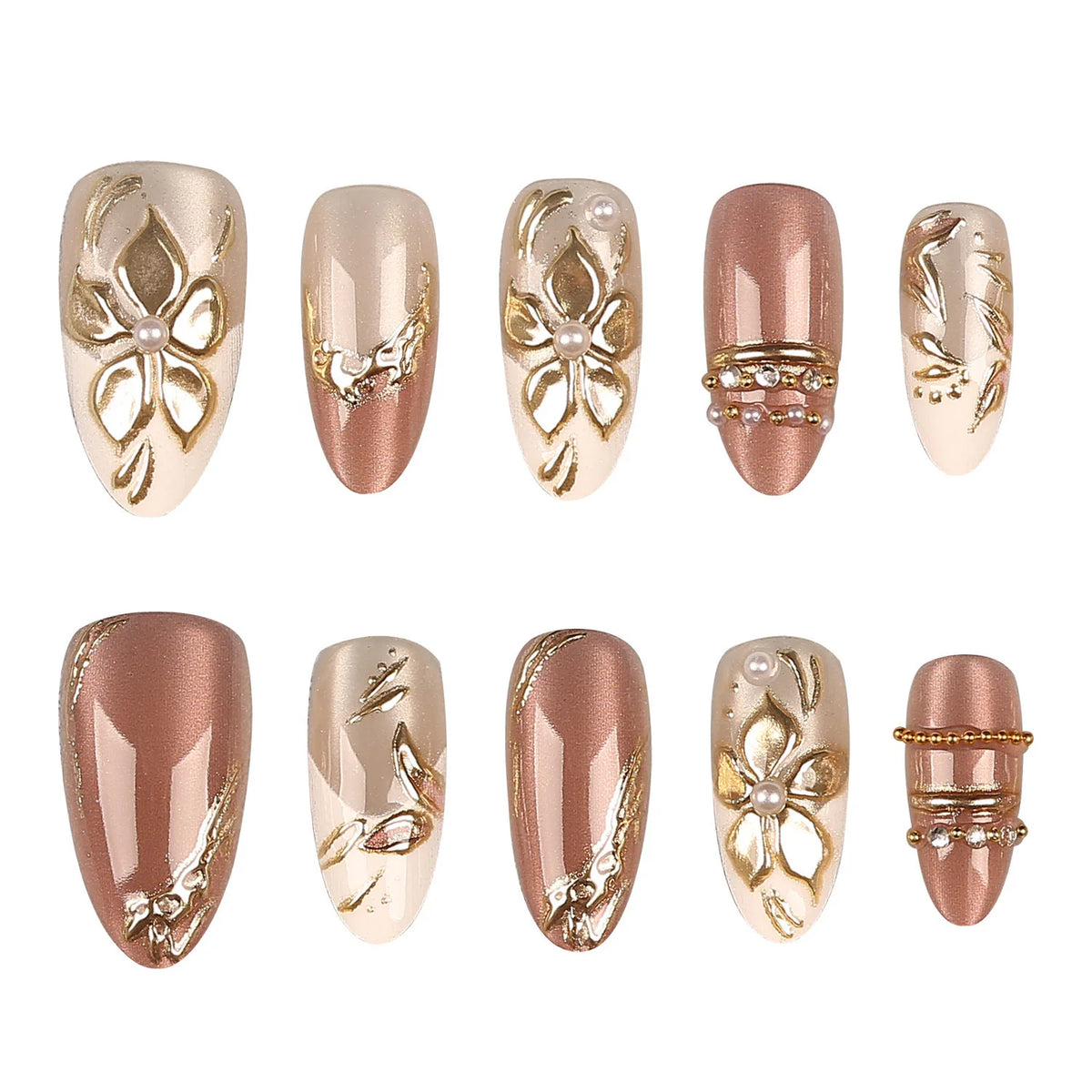 Press-On Nails Floral Gold Accents Set of 10