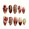 Press-On Nails Floral & Gold Embellished Easy-Apply
