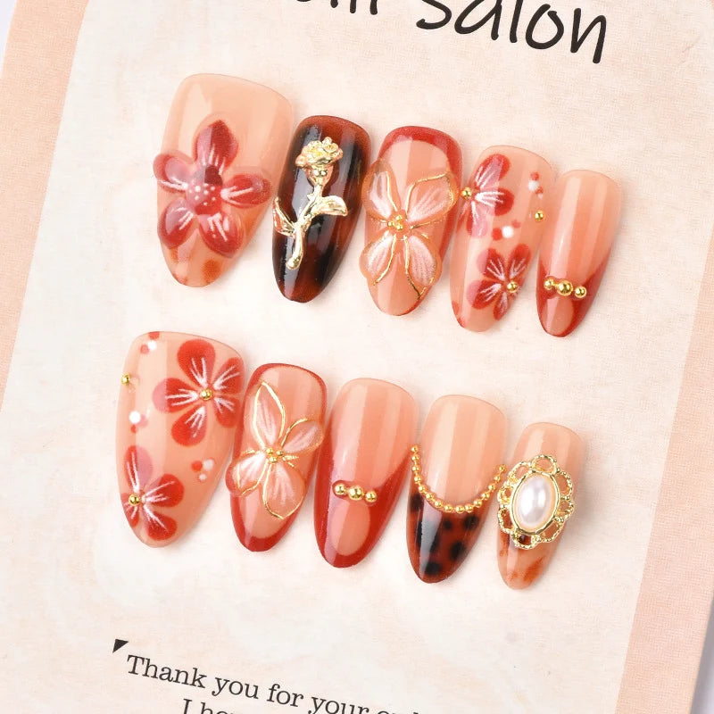Press-On Nails Floral & Gold Embellished Easy-Apply