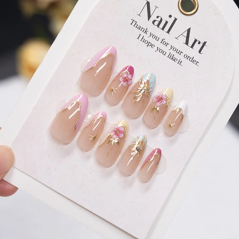 Press-On Nails Floral Gold Peel-And-Stick Long-Lasting Wear