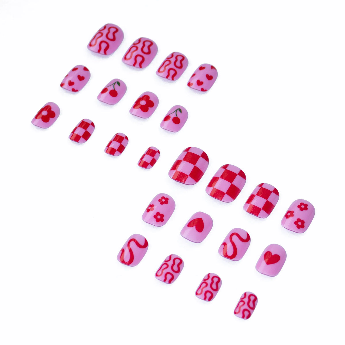 Press-On Nails Floral & Heart Designs Glossy Chip-Resistant