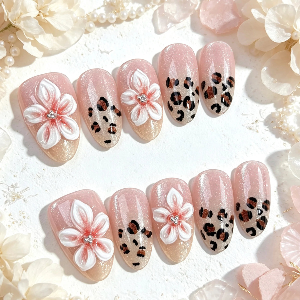 Press-On Nails Floral & Leopard Print Full-Cover Reusable Set