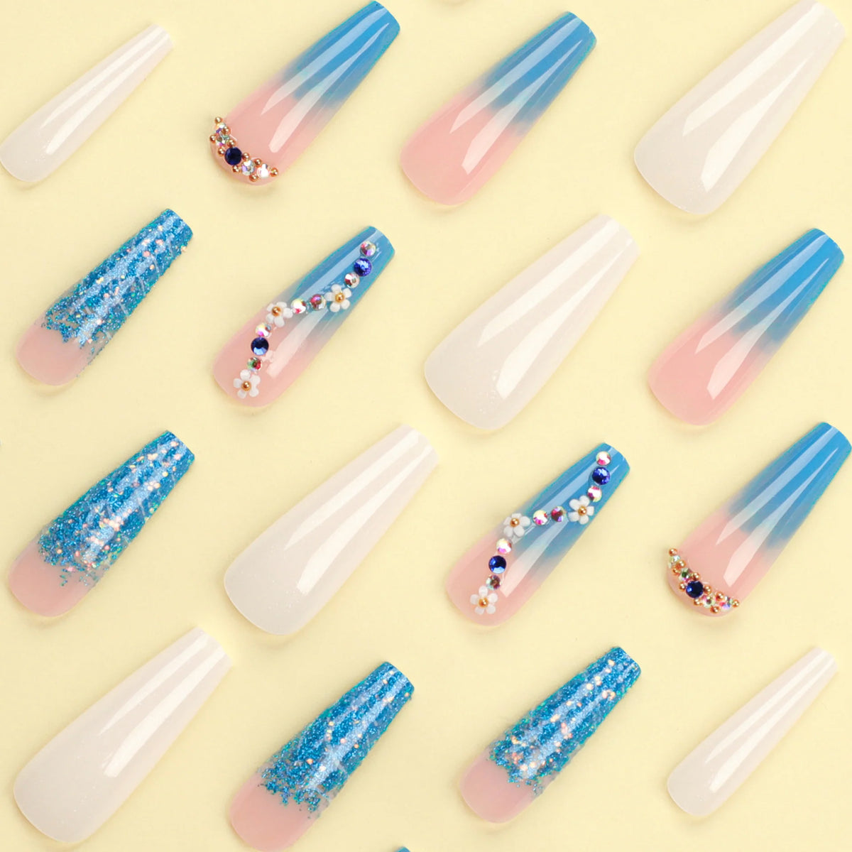 Press-On Nails Floral Ombre & Glitter Lightweight Acrylic
