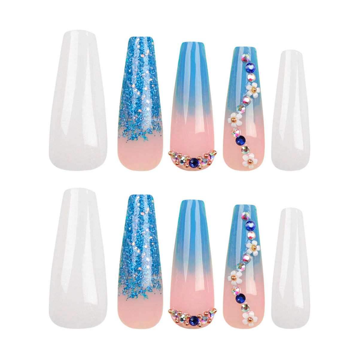 Press-On Nails Floral Ombre & Glitter Lightweight Acrylic