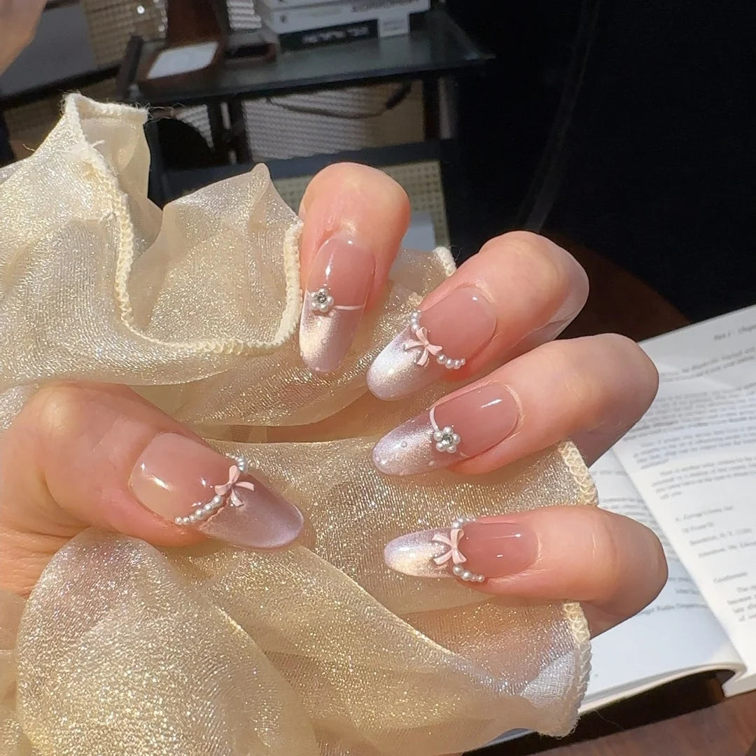 Press-On Nails Floral & Pearl Accents Easy Application