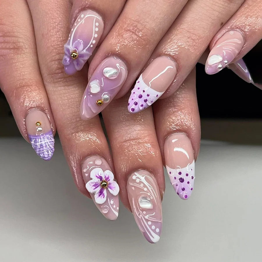 Press-On Nails Floral & Pearl Design Comfortable Fit