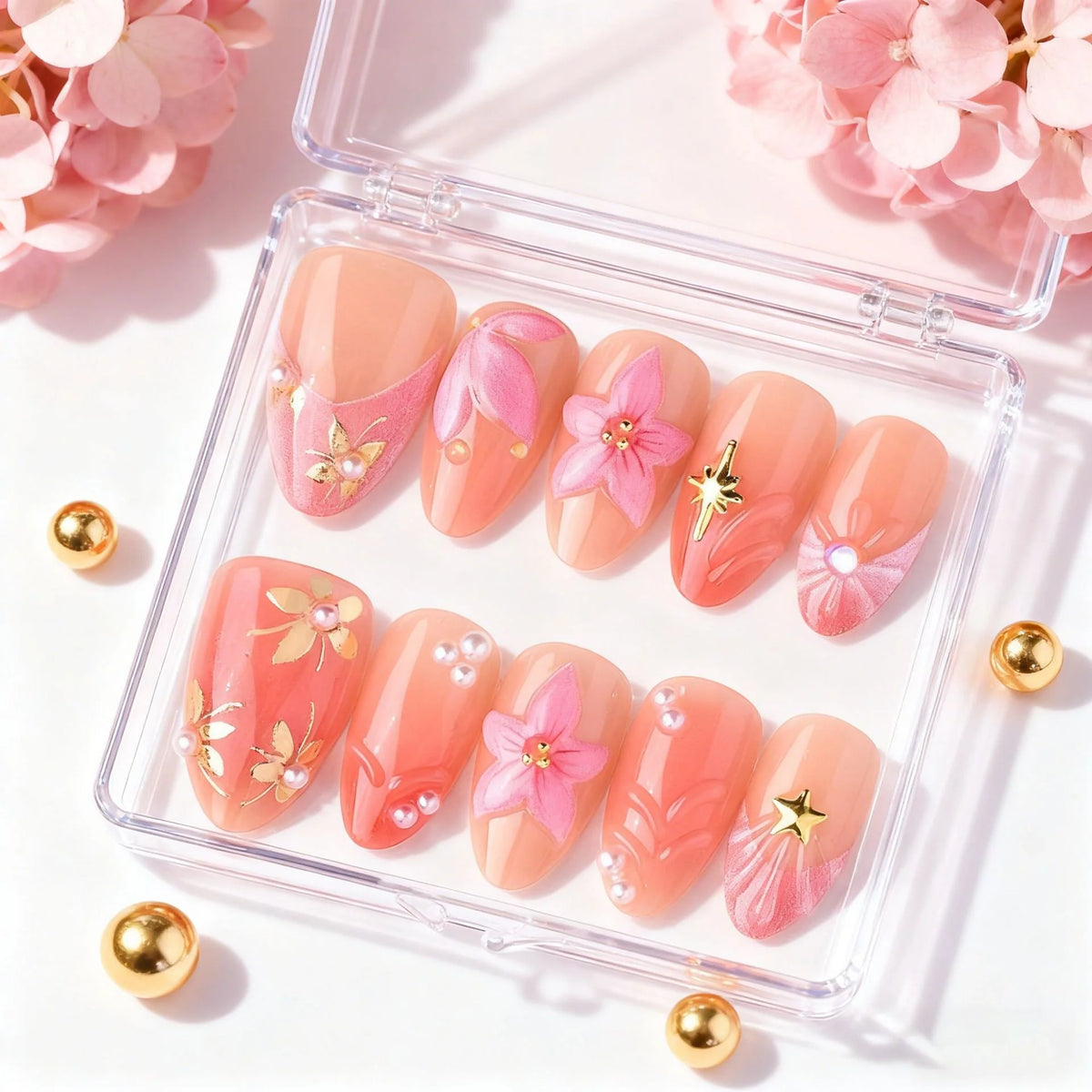 Press-On Nails Floral Pearl & Metallic Accents