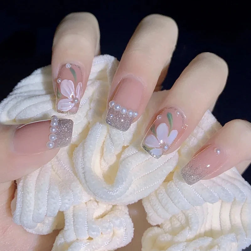 Press-On Nails Floral Pink No Adhesive