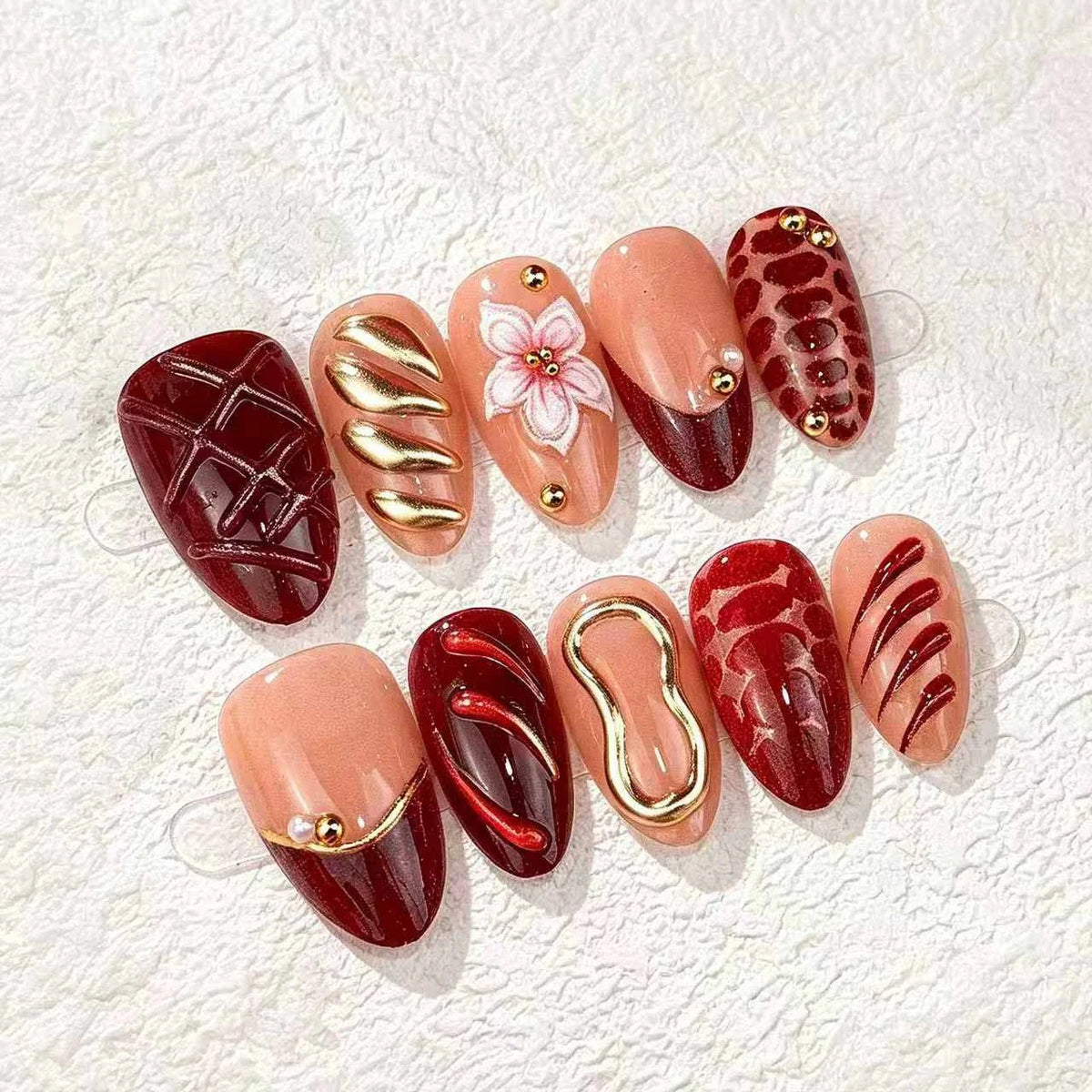 Press-On Nails Floral & Rhinestone Reusable Set of 10