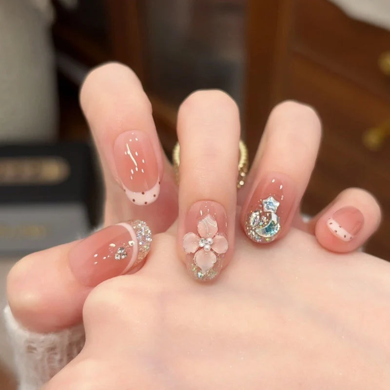 Press-On Nails Floral & Sparkle Reusable Long-Lasting