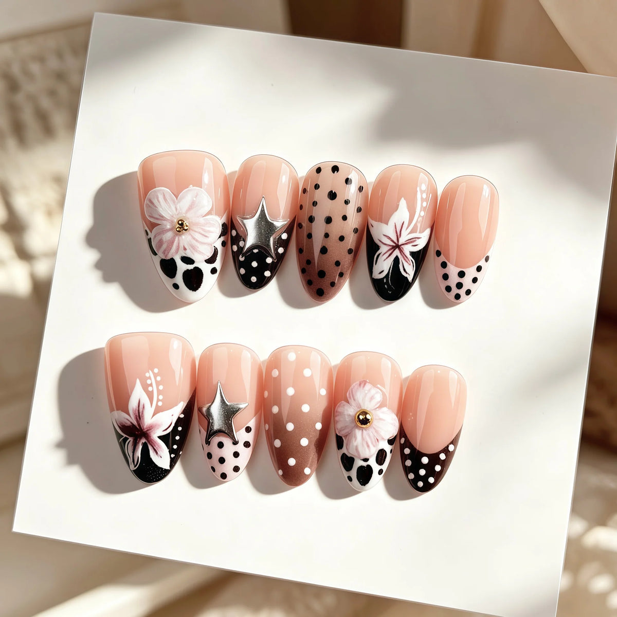 Press-On Nails Floral & Star Self-Adhesive Reusable