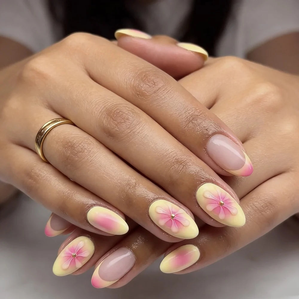 Press-On Nails Floral Stiletto Adhesive Strips Included Reusable