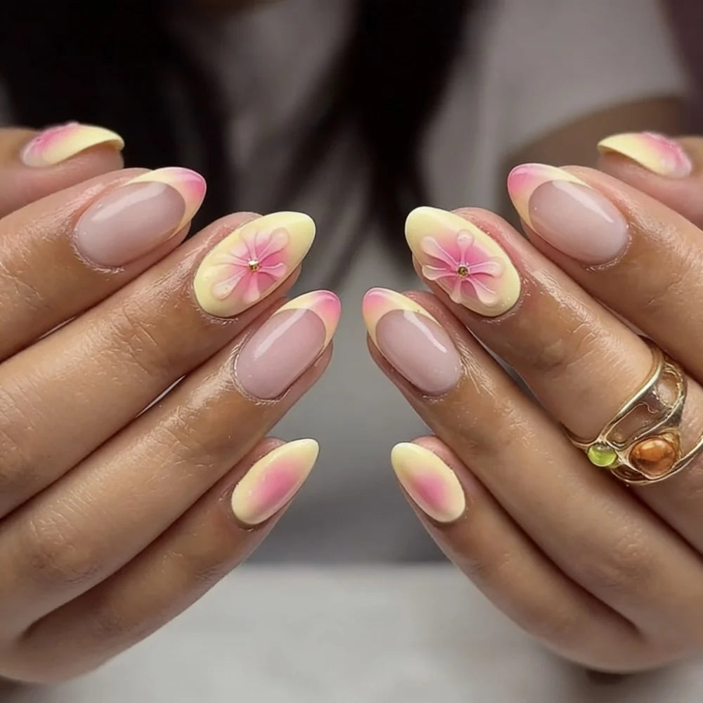 Press-On Nails Floral Stiletto Adhesive Strips Included Reusable