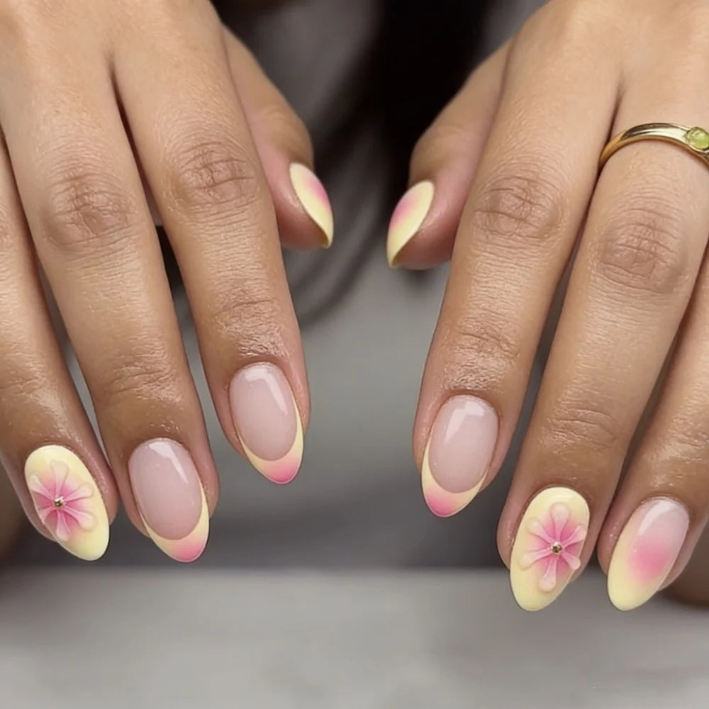 Press-On Nails Floral Stiletto Adhesive Strips Included Reusable