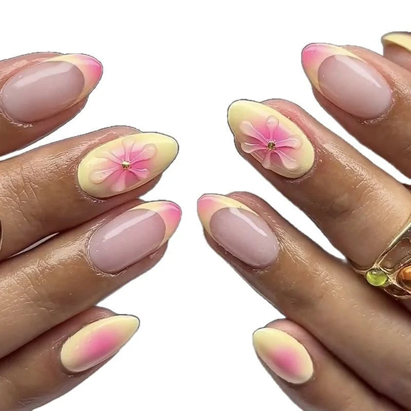 Press-On Nails Floral Stiletto Adhesive Strips Included Reusable