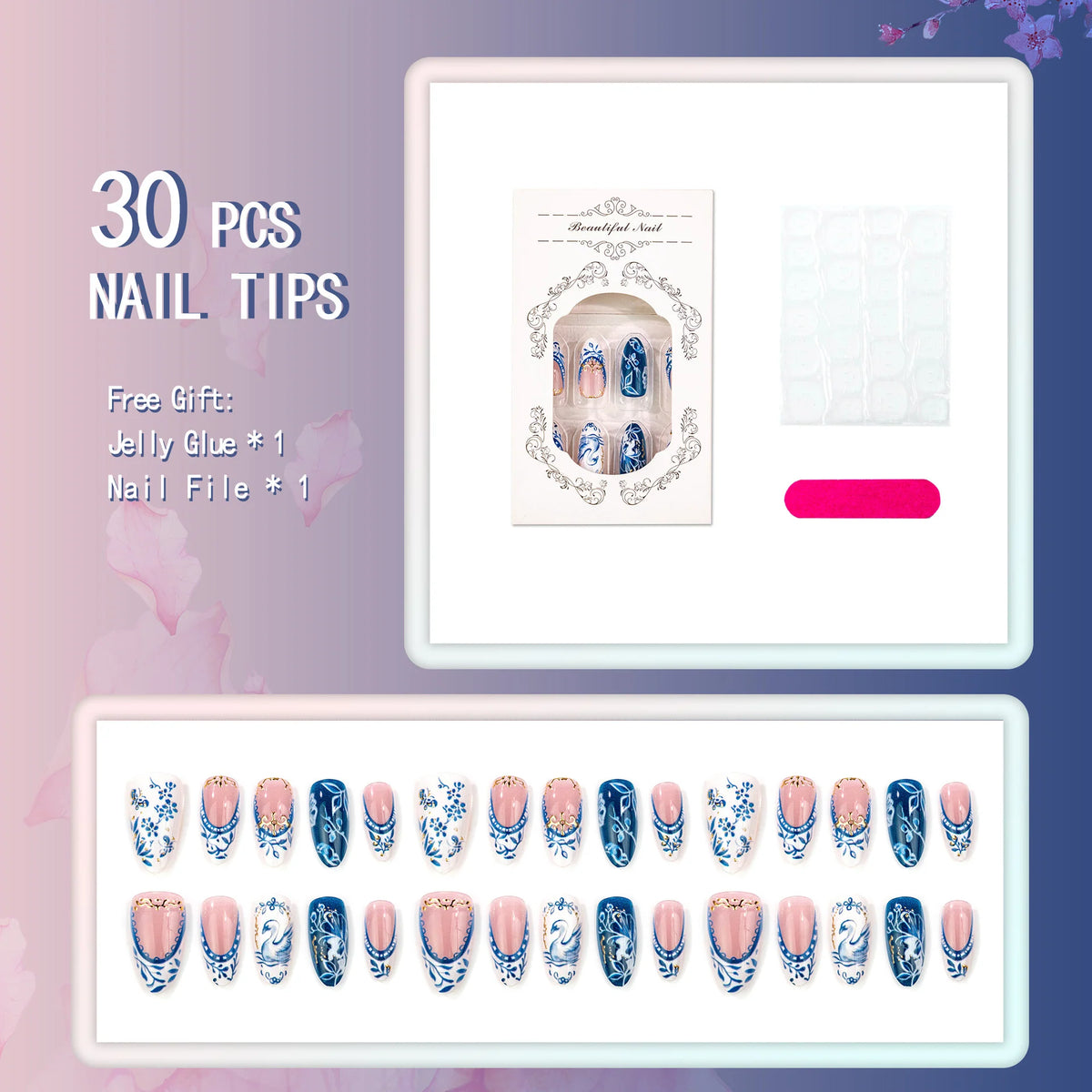 Press-On Nails Floral & Swan Peel-And-Stick Reusable