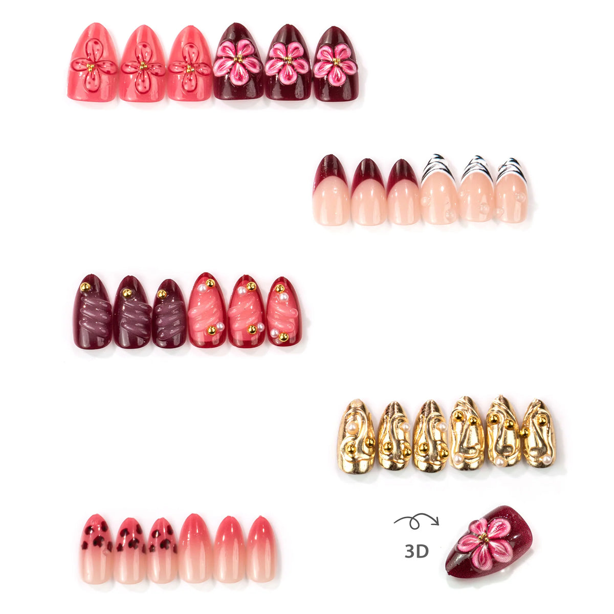 Press-On Nails Floral & Textured Designs Multiple Sizes