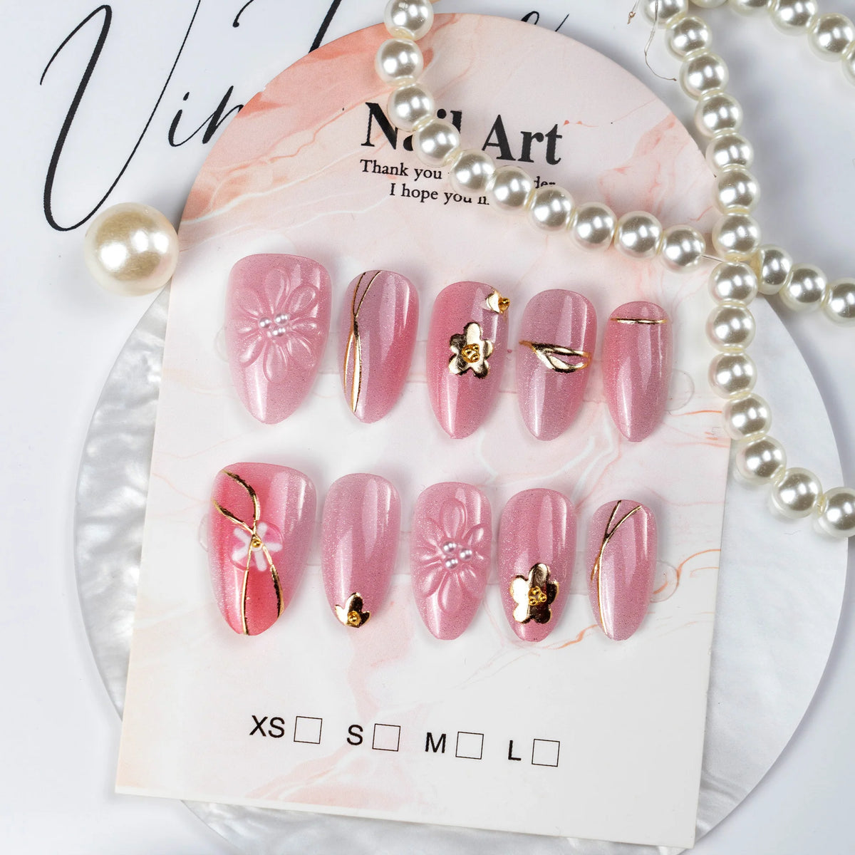Press-On Nails Floral With Gold Accents Peel And Stick