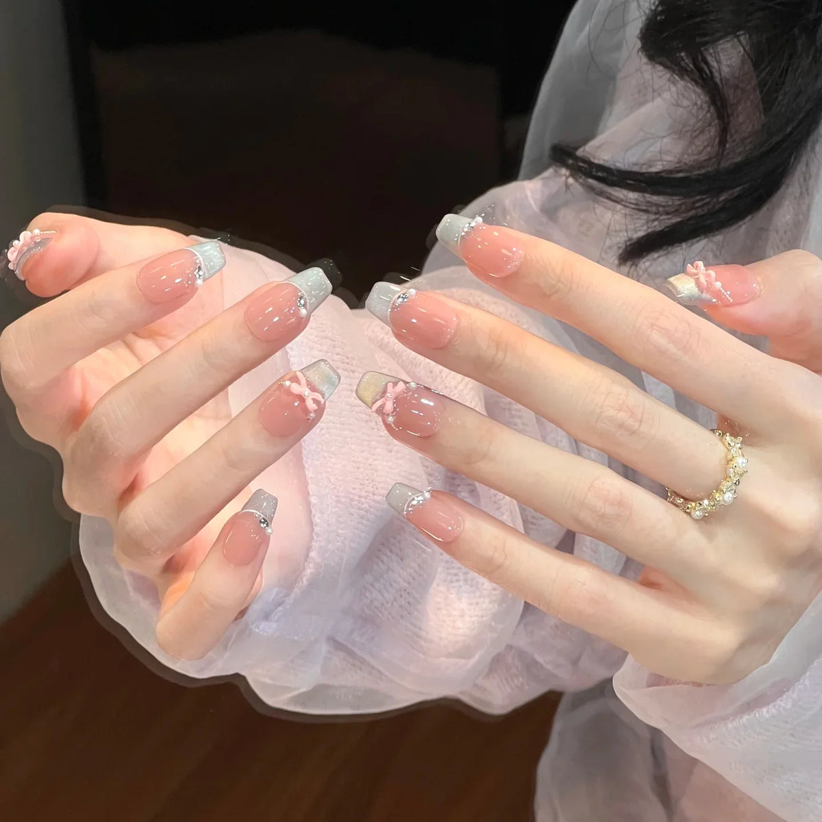 Press-On Nails French Tip Floral Accents