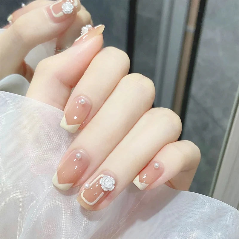 Press-On Nails French Tip Floral Peel-And-Stick