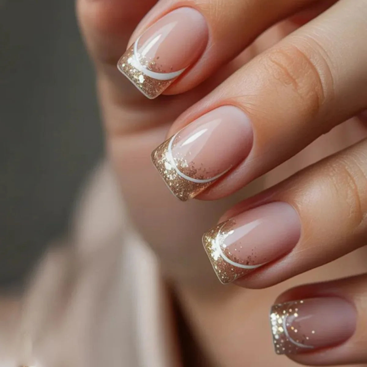 Press-On Nails French Tip White Glitter Durable