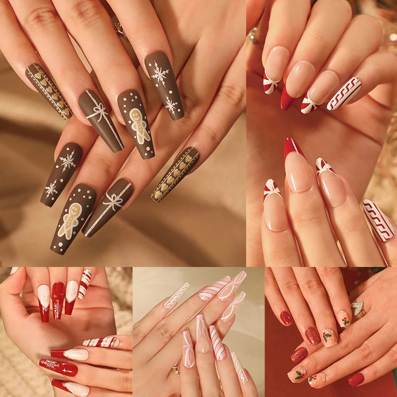 Press-On Nails Gingerbread & Snowflake Reusable Easy Application