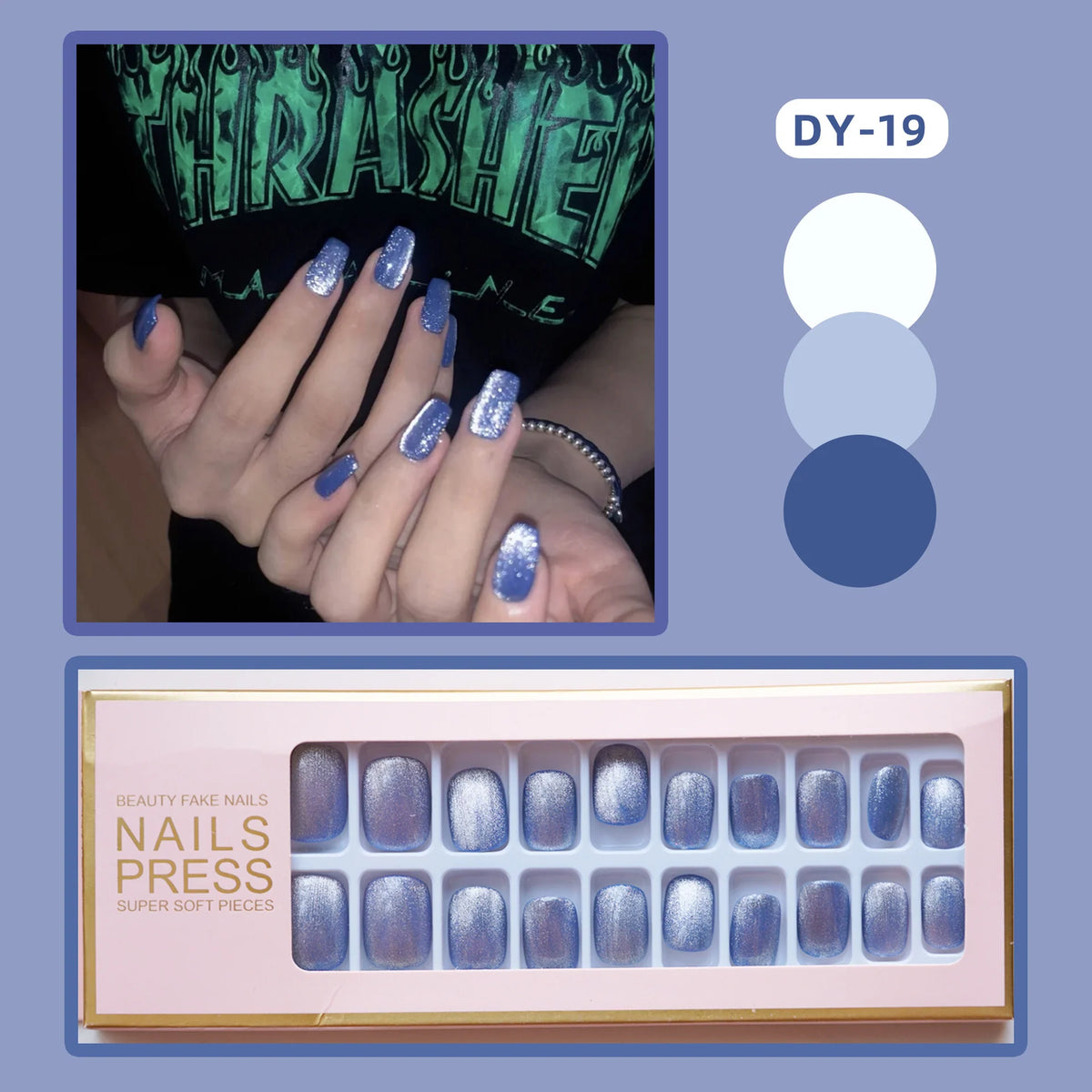 Press-On Nails Glue-On Sapphire Blue Glitter