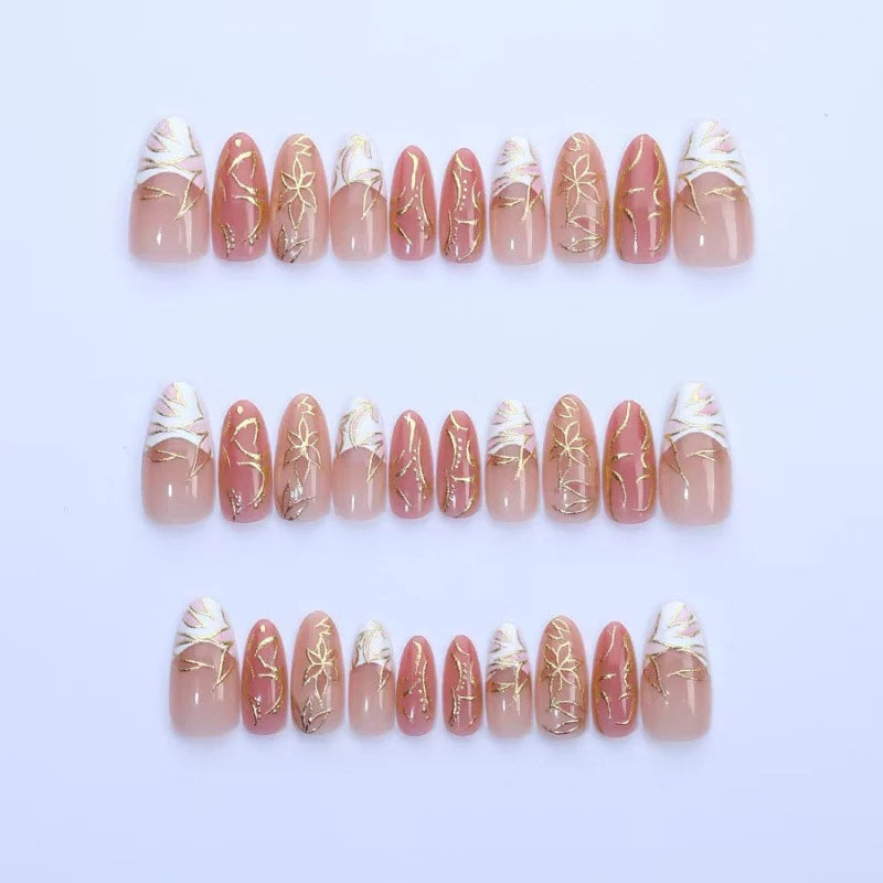 Press-On Nails Gold Floral Design Multiple Sizes