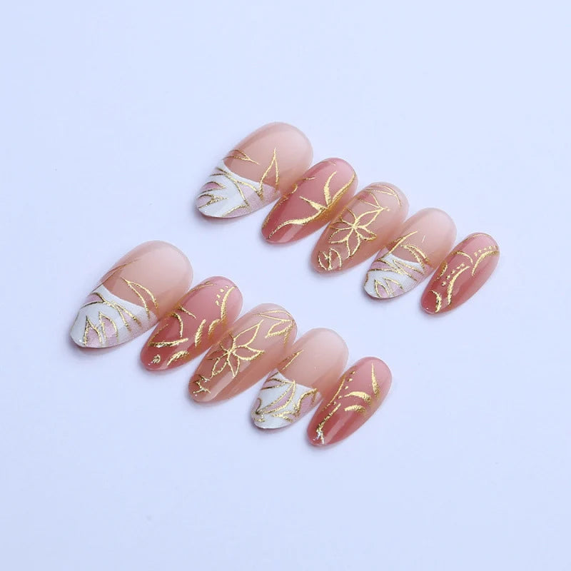 Press-On Nails Gold Floral Design Multiple Sizes