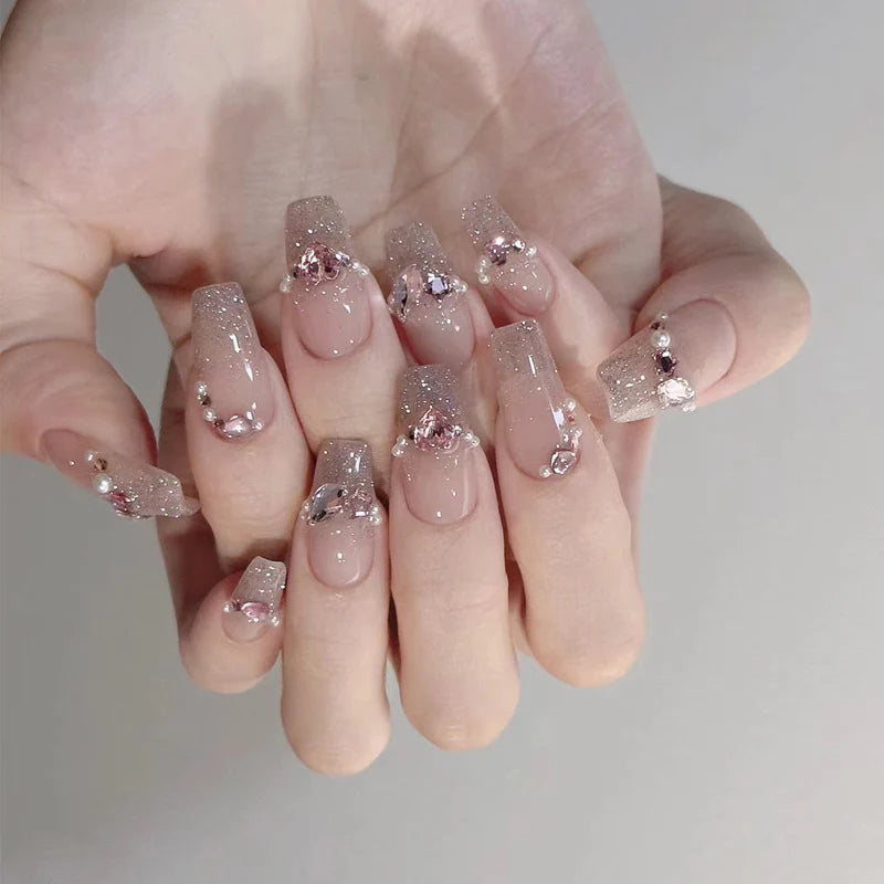 Press-On Nails Gold-Plated Glitter & Rhinestones Glue-On Kit