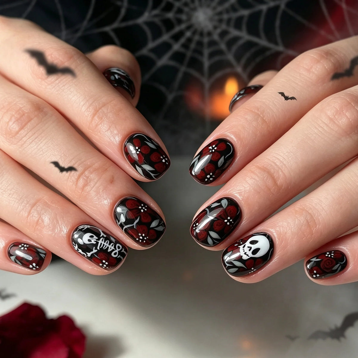 Press-On Nails Gothic Floral Red Set of 24