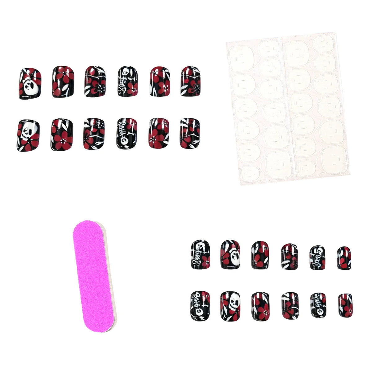 Press-On Nails Gothic Floral Red Set of 24