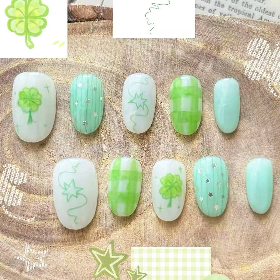 Press-On Nails Green Floral Sparkle Peel-And-Press