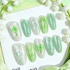 Press-On Nails Green Floral Sparkle Peel-And-Press
