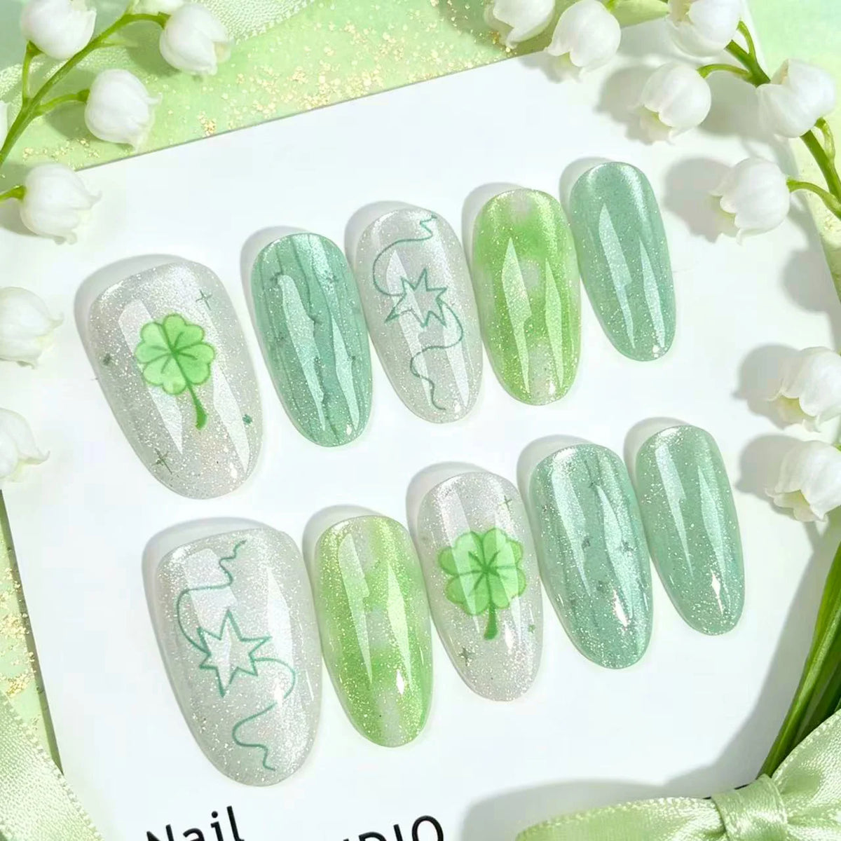 Press-On Nails Green Floral Sparkle Peel-And-Press