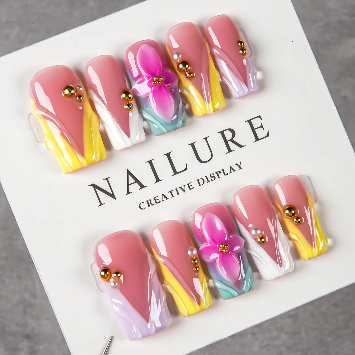 Press-On Nails Hand-Painted Floral & Beaded