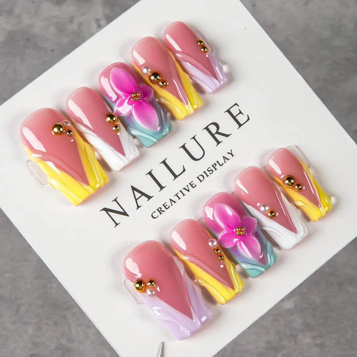 Press-On Nails Hand-Painted Floral & Beaded