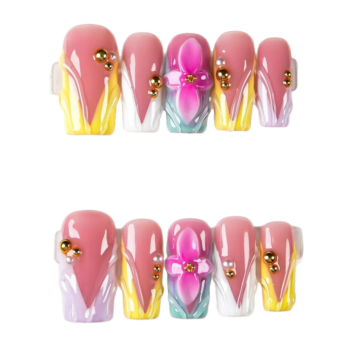 Press-On Nails Hand-Painted Floral & Beaded