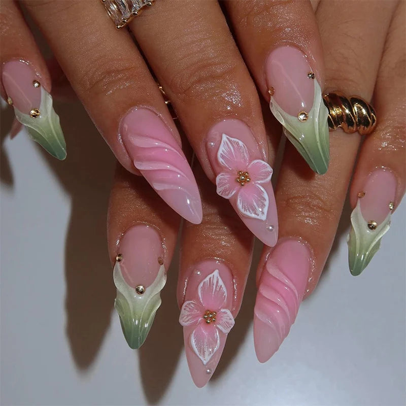 Press-On Nails Hand-Painted Floral Glossy Peel & Press