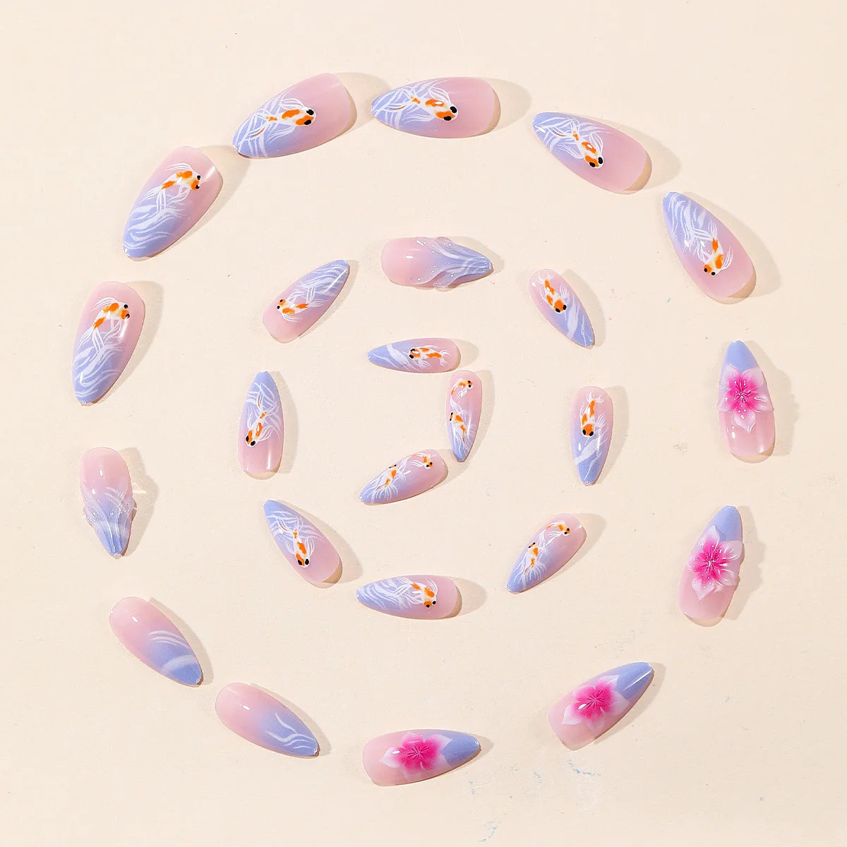 Press-On Nails Hand-Painted Koi Fish & Floral Easy Application