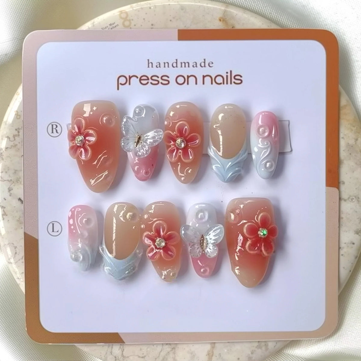 Press-On Nails Handmade Floral & Butterfly Multiple Sizes