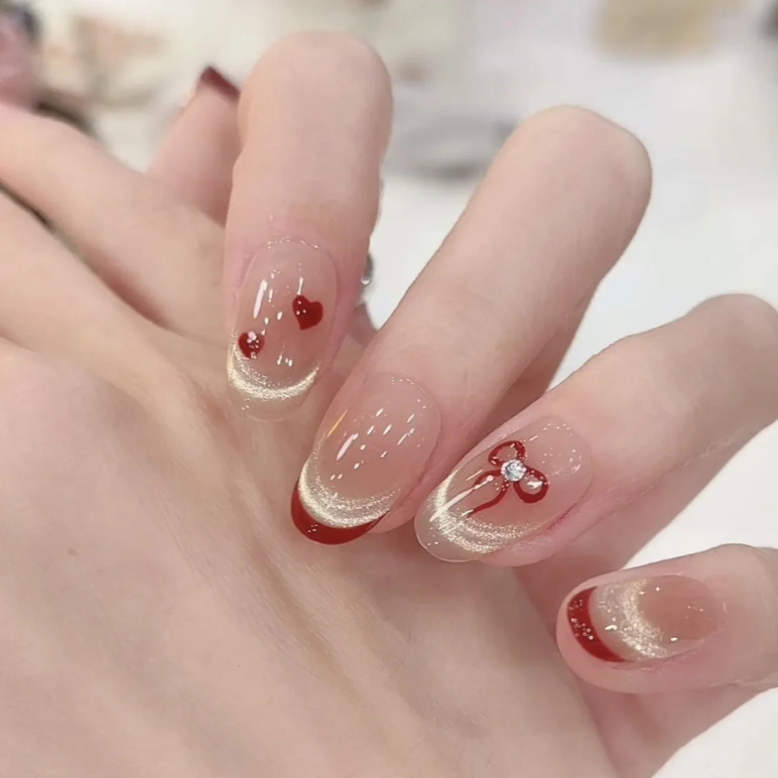 Press-On Nails Heart & Bow Design Durable Finish