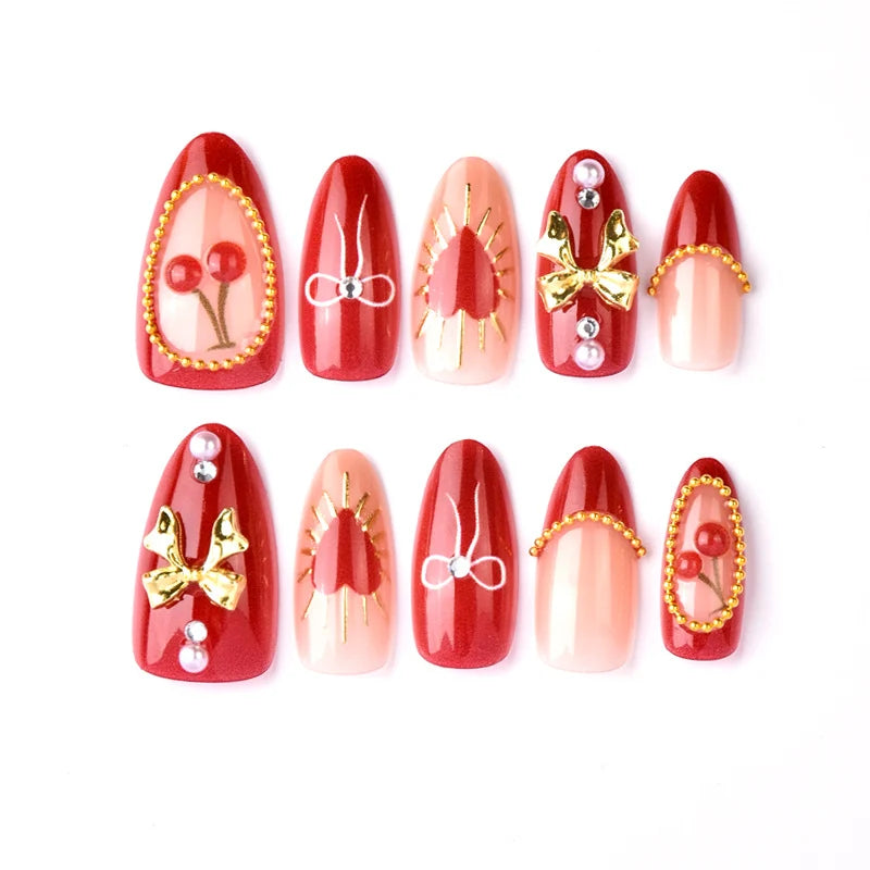 Press-On Nails Heart & Cherry Reusable Easy Apply