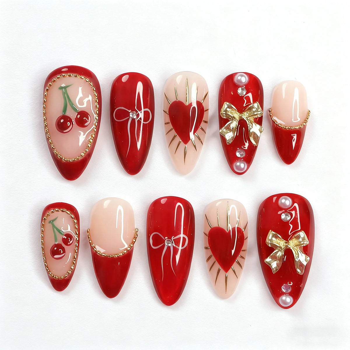 Press-On Nails Heart & Cherry Reusable Easy Apply