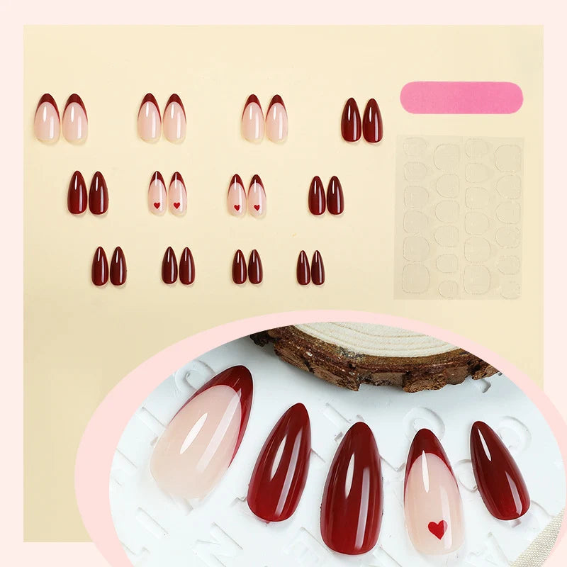 Press-On Nails Heart-Embellished Almond Shape Multiple Sizes